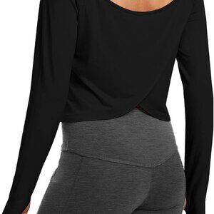 Black women's long sleeve breathable open back yoga top, lightweight, stretchy,